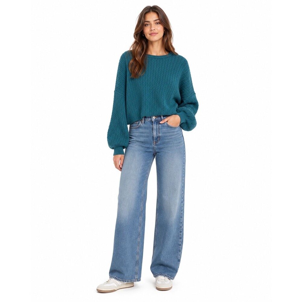 Truth by Republic Cable Knit Sweater Women's XL Balloon Long Sleeve Teal Cropped